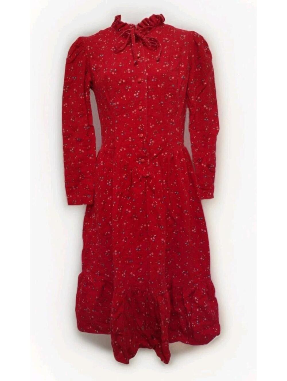 VTG 70s Avon Fashions Red Floral Prairie Dress flannel 7/8